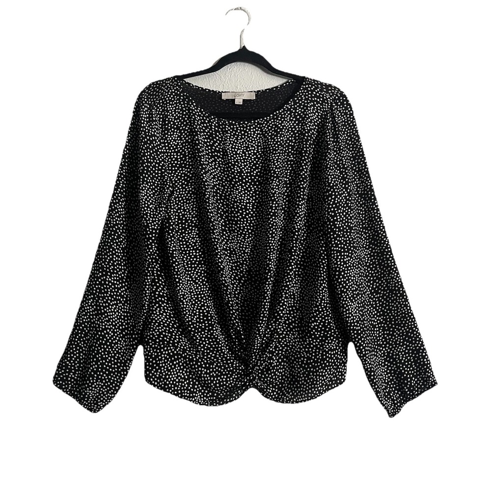 Loft Polka Dot Blouse Womens Black White Twist Front Long Sleeve Top Size M